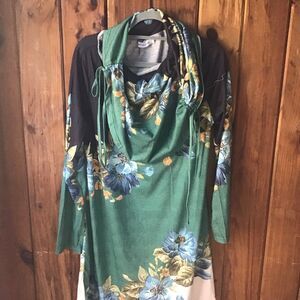 Miss Look Rouched Cowl Neck Dress Size 2X Long Sleeve Floral Pointed Hem